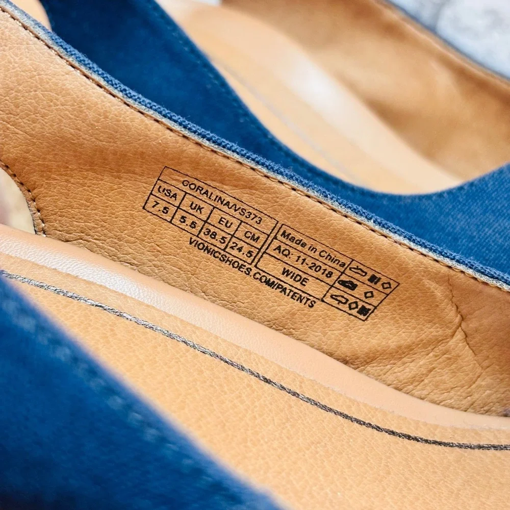Vionic Coralina Navy Blue Canvas Slingback Espadrille Wedges Womens 7.5 Wide